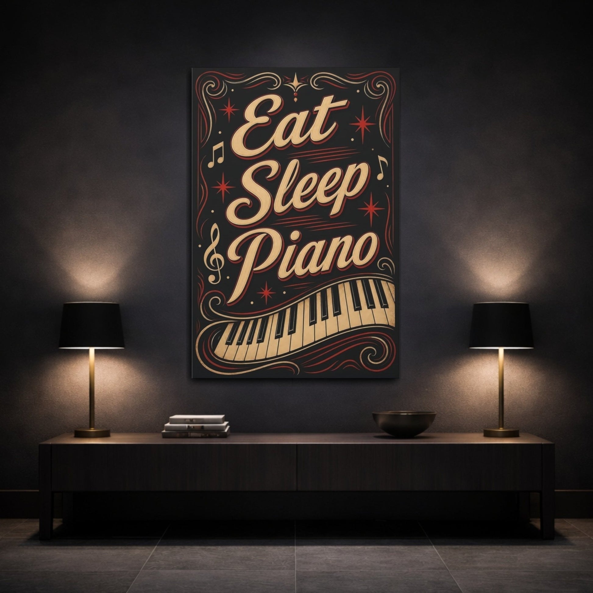 Funny Piano Black Gold Red Canvas Wall Art Print – Bedroom Decor, - YesArtYes