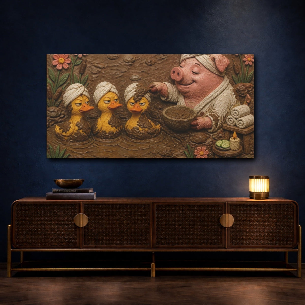 Funny Pig Mud Spa Canvas Print – Bathroom, Wall, Brown & Yellow - YesArtYes