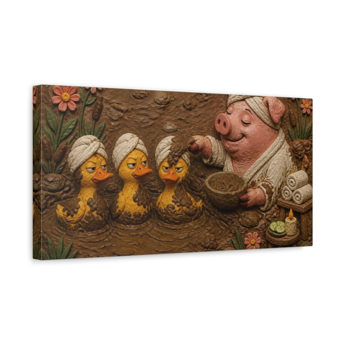 Side Mockup 3. Funny Pig Mud Spa shown as canvas print