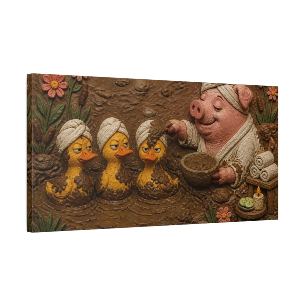 Side Mockup 1. Funny Pig Mud Spa shown as canvas print