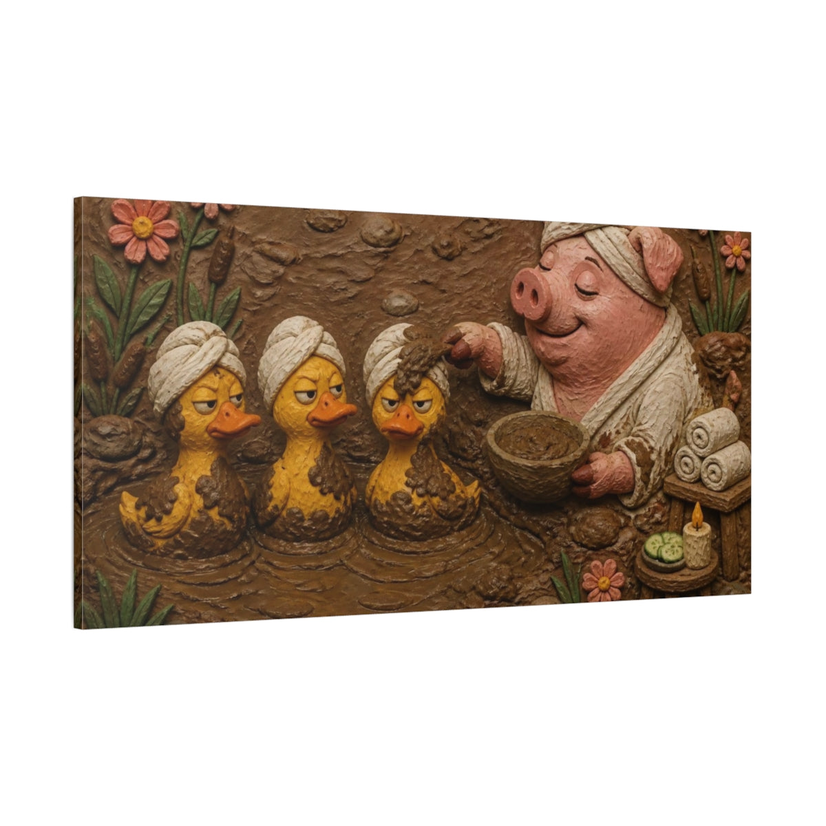 Side Mockup 2. Funny Pig Mud Spa shown as canvas print