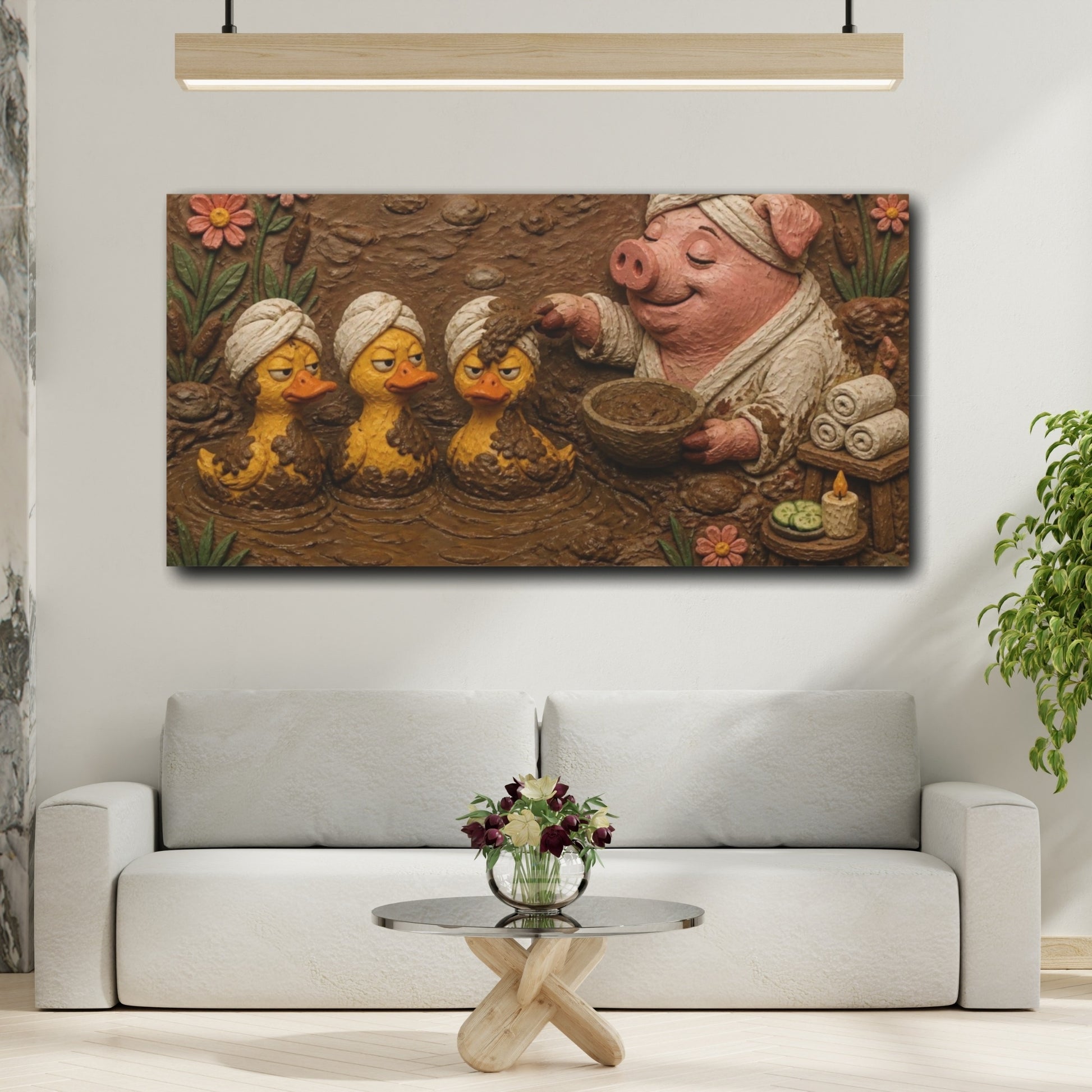 Mockup 2. Funny Pig Mud Spa shown as canvas print
