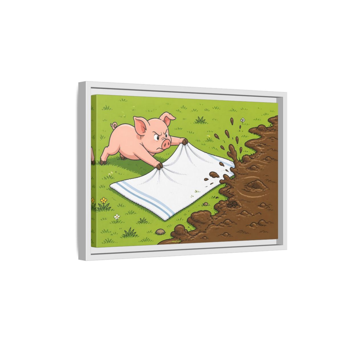 Side Mockup 4. Funny Piglet Guarding Towel shown as framed canvas print