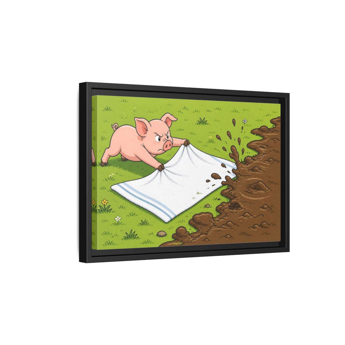 Side Mockup 6. Funny Piglet Guarding Towel shown as framed canvas print