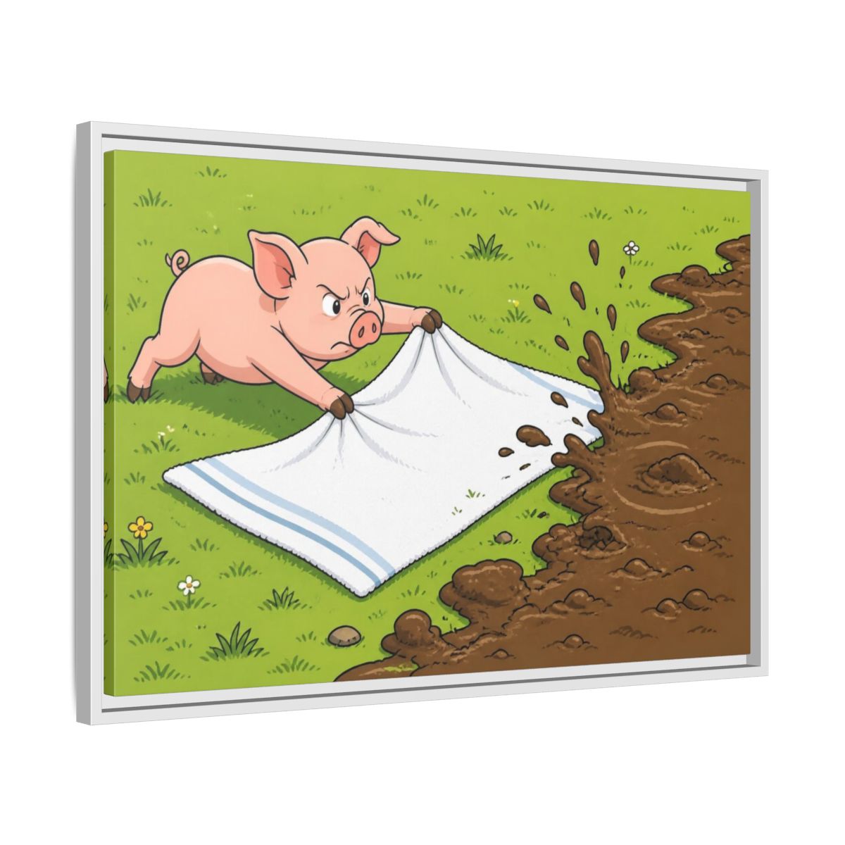Side Mockup 10. Funny Piglet Guarding Towel shown as framed canvas print