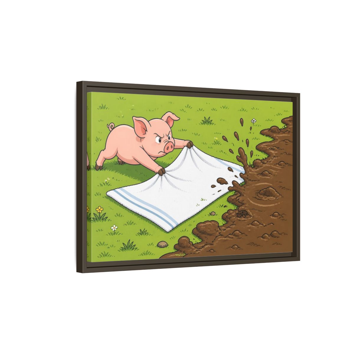 Side Mockup 2. Funny Piglet Guarding Towel shown as framed canvas print