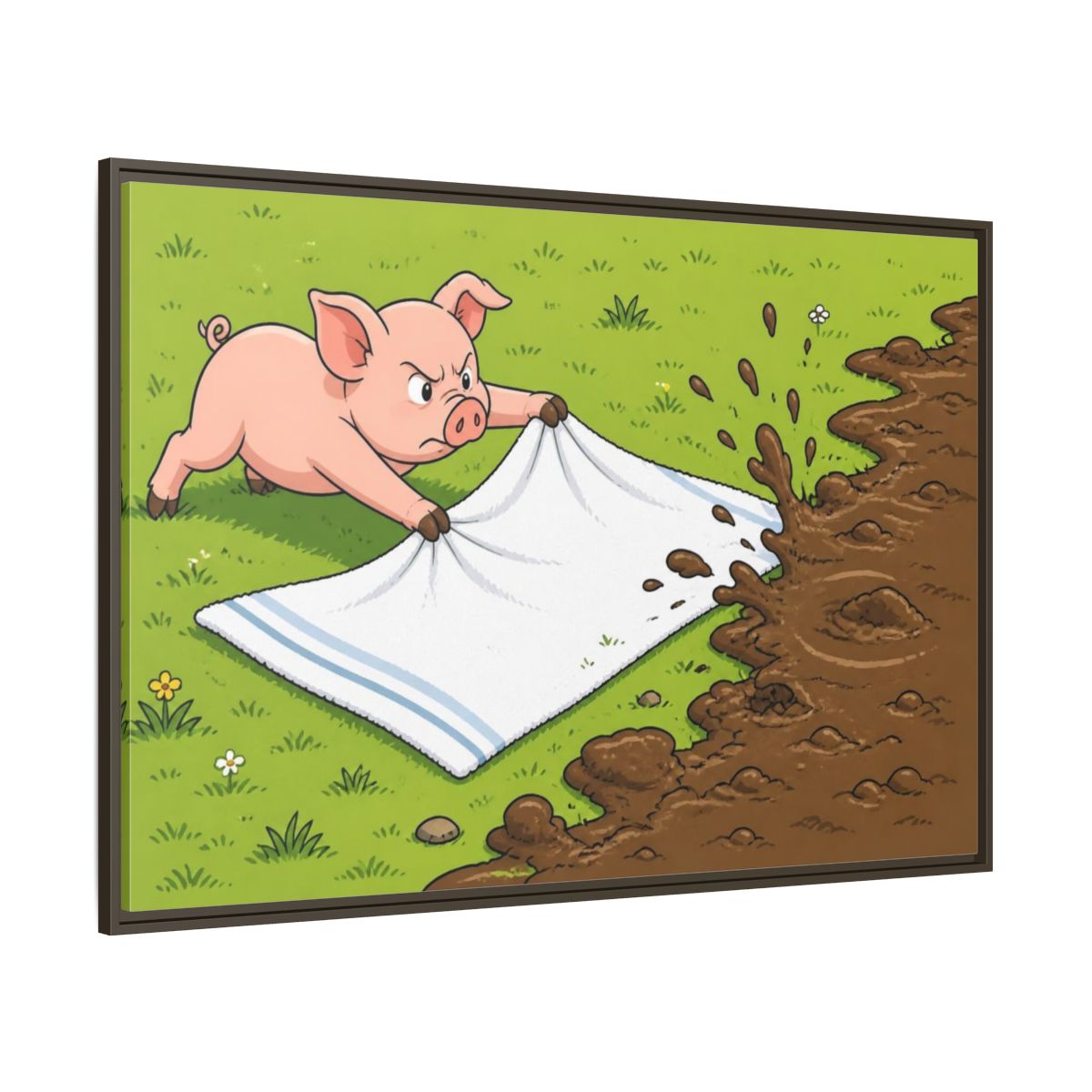 Side Mockup 8. Funny Piglet Guarding Towel shown as framed canvas print