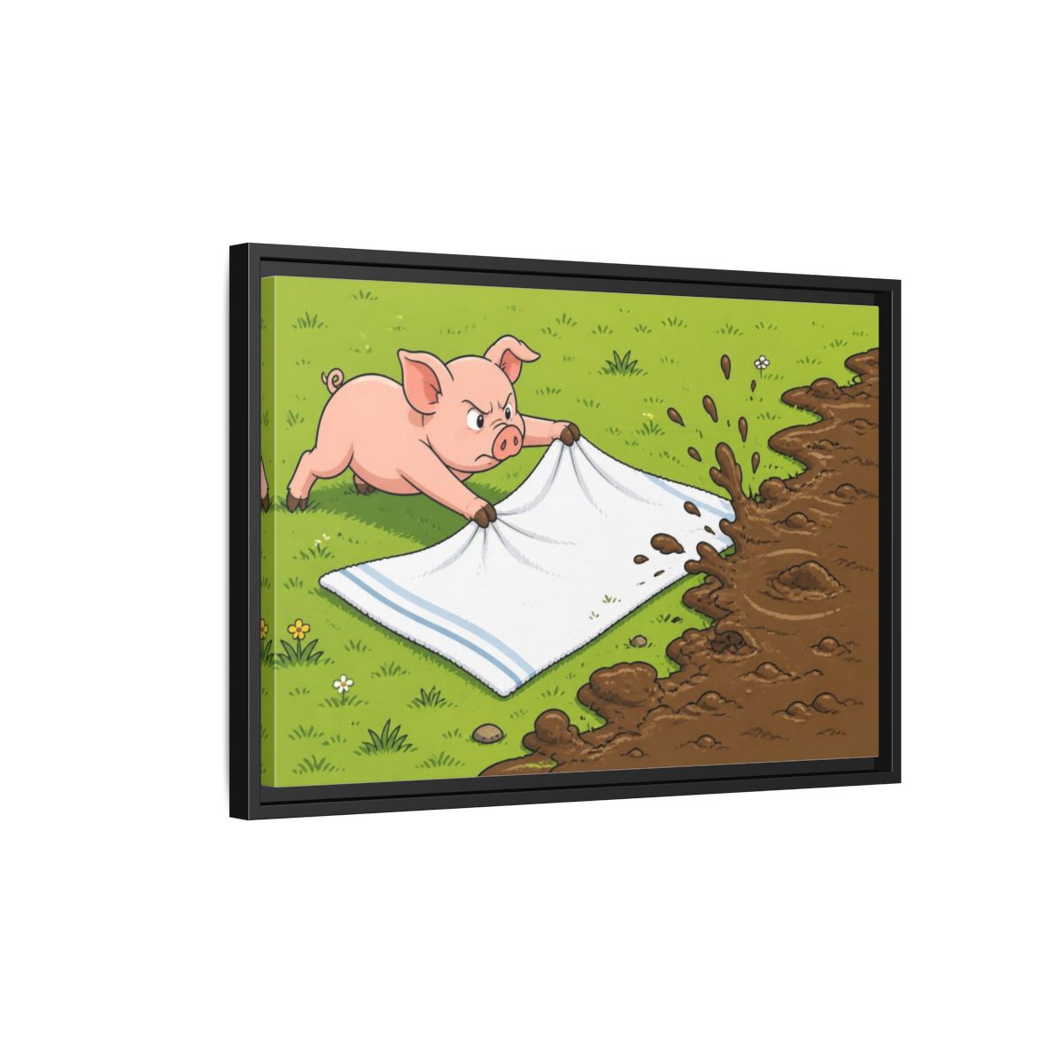 Side Mockup 3. Funny Piglet Guarding Towel shown as framed canvas print
