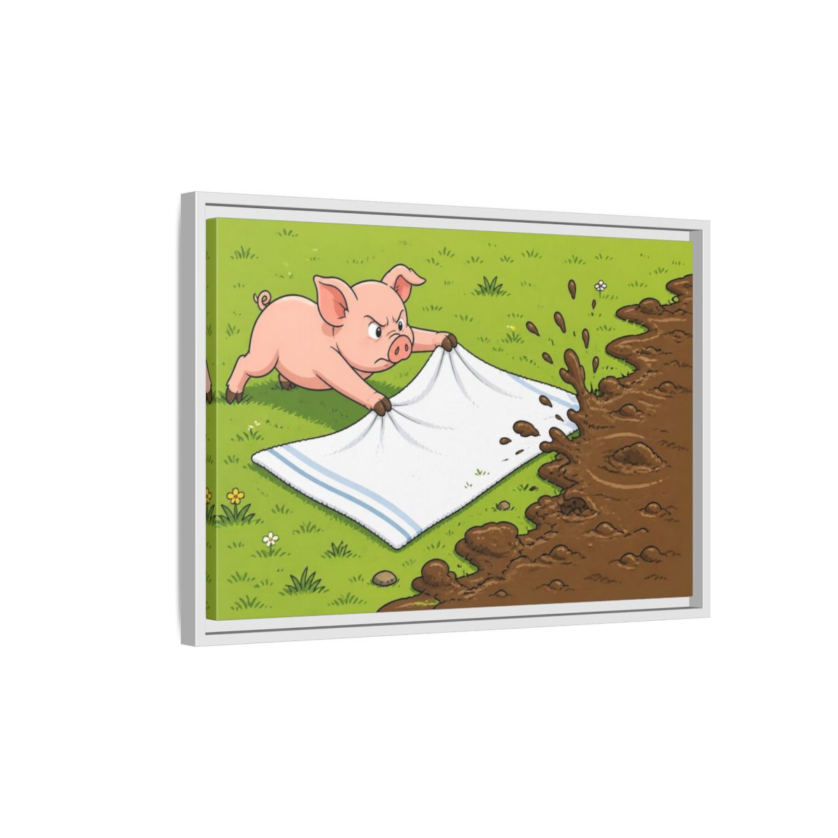 Side Mockup 1. Funny Piglet Guarding Towel shown as framed canvas print
