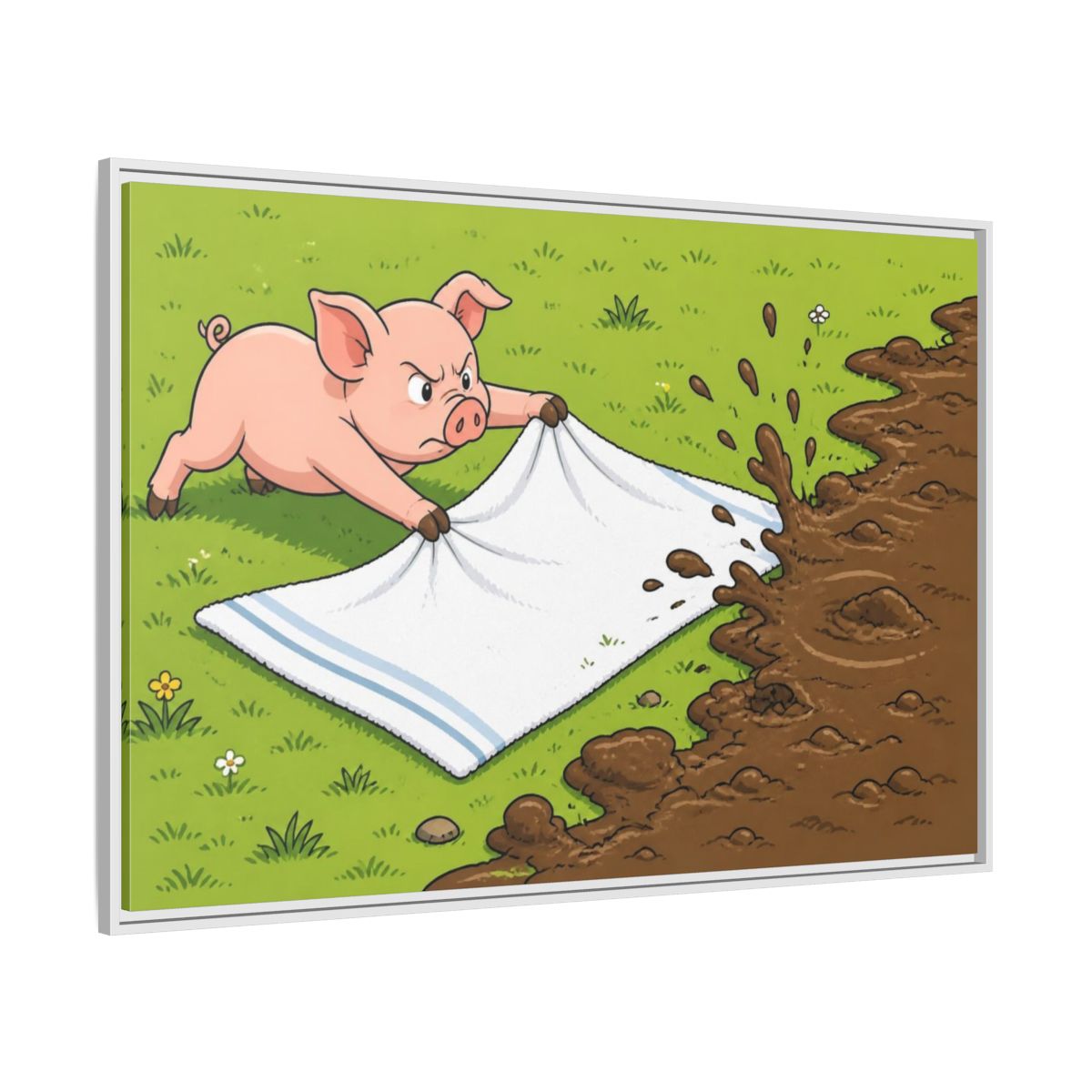 Side Mockup 7. Funny Piglet Guarding Towel shown as framed canvas print