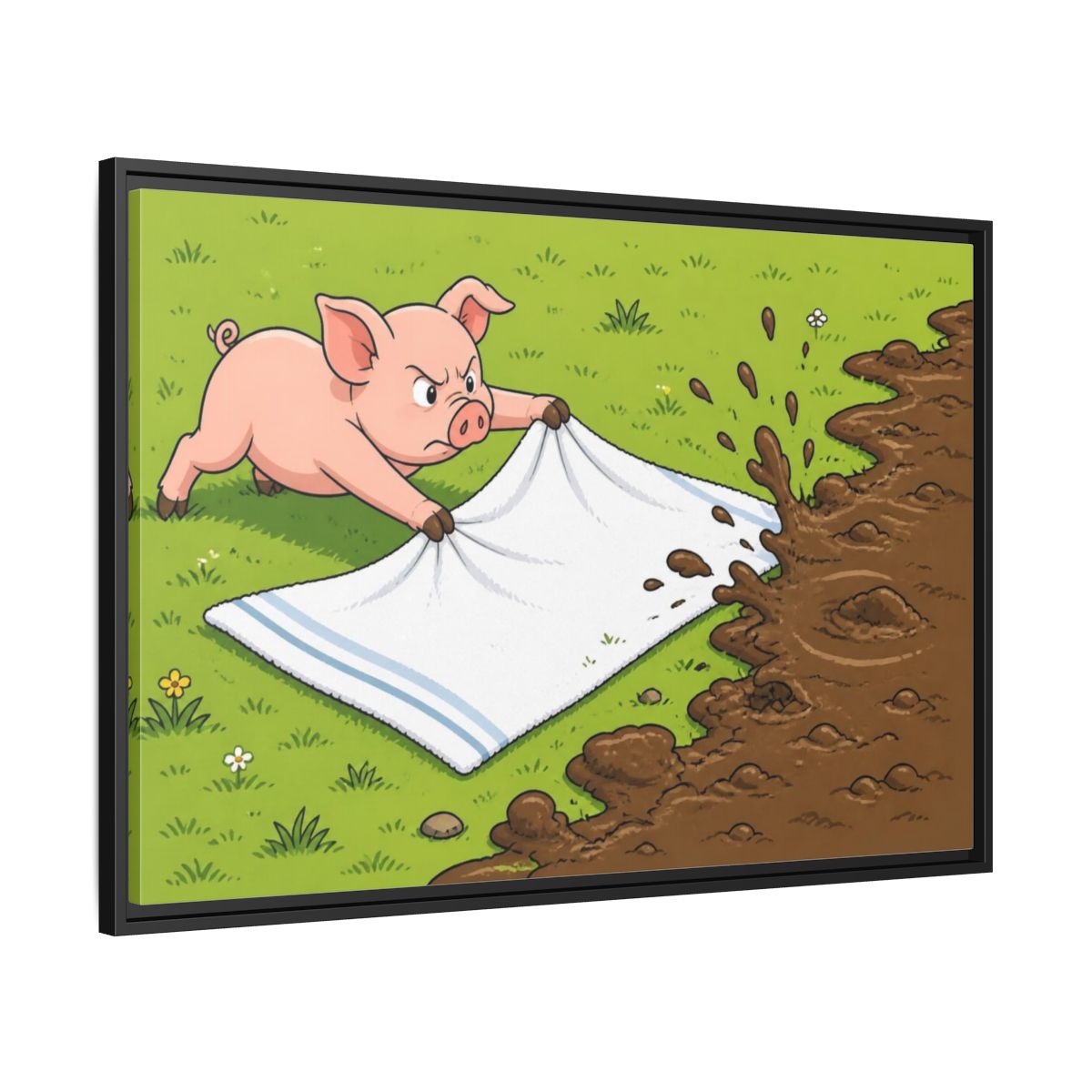 Side Mockup 13. Funny Piglet Guarding Towel shown as framed canvas print