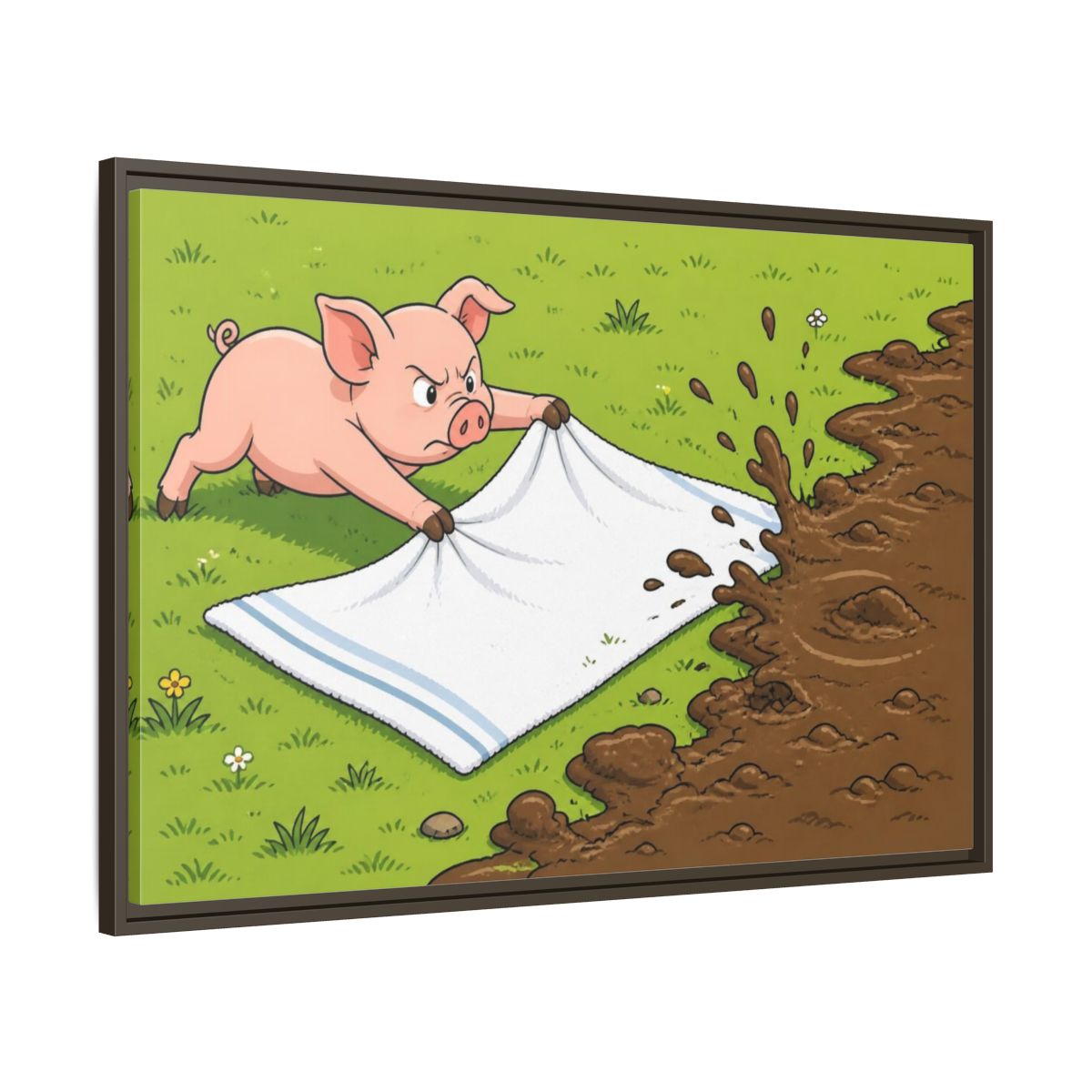 Main Mockup. Funny Piglet Guarding Towel shown as framed canvas print