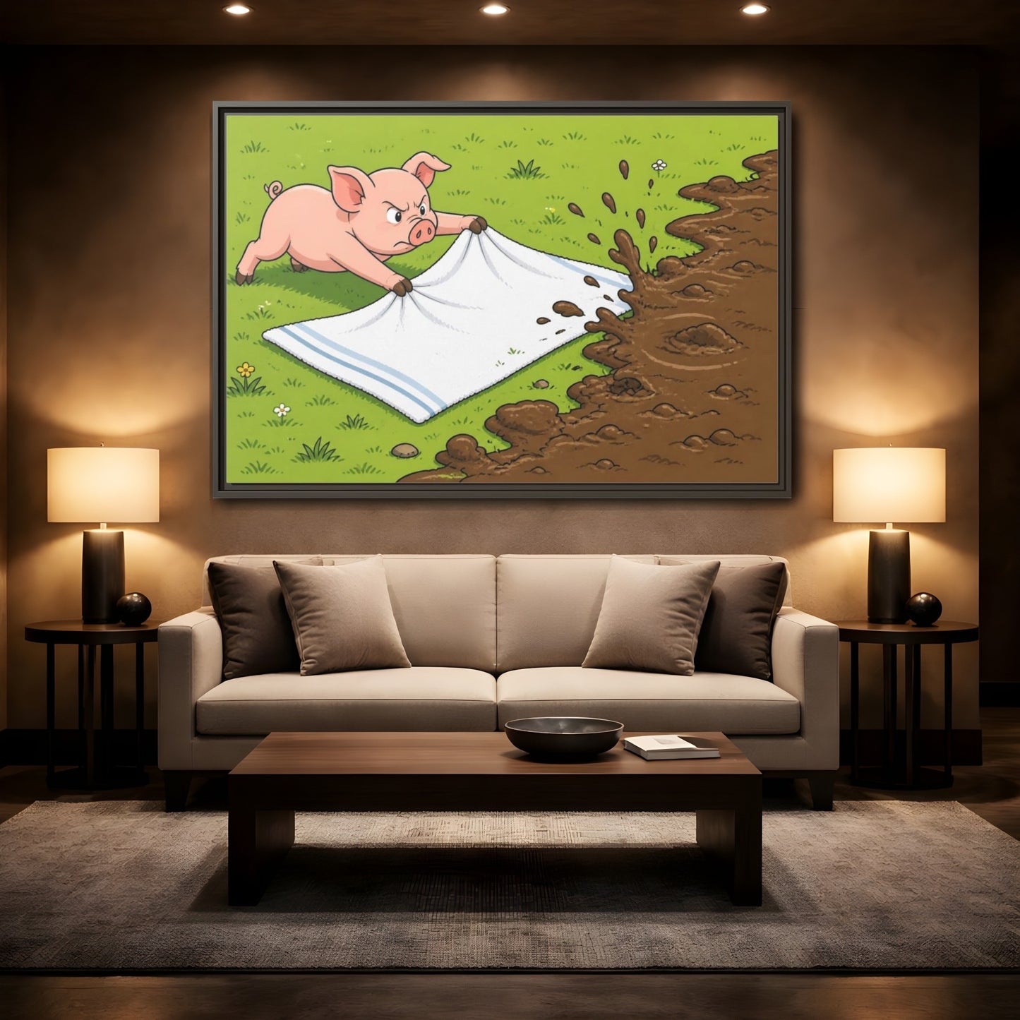 Mockup 2. Funny Piglet Guarding Towel shown as framed canvas print
