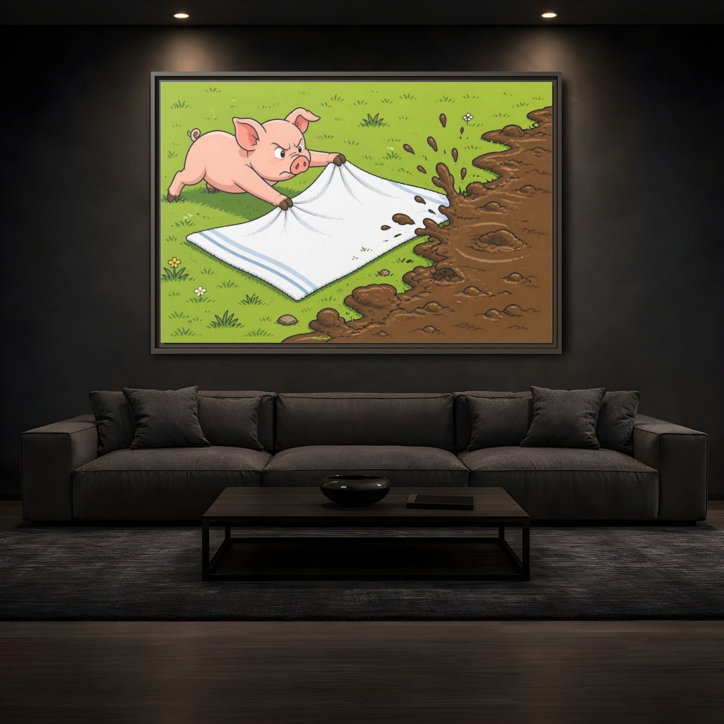 Mockup 3. Funny Piglet Guarding Towel shown as framed canvas print