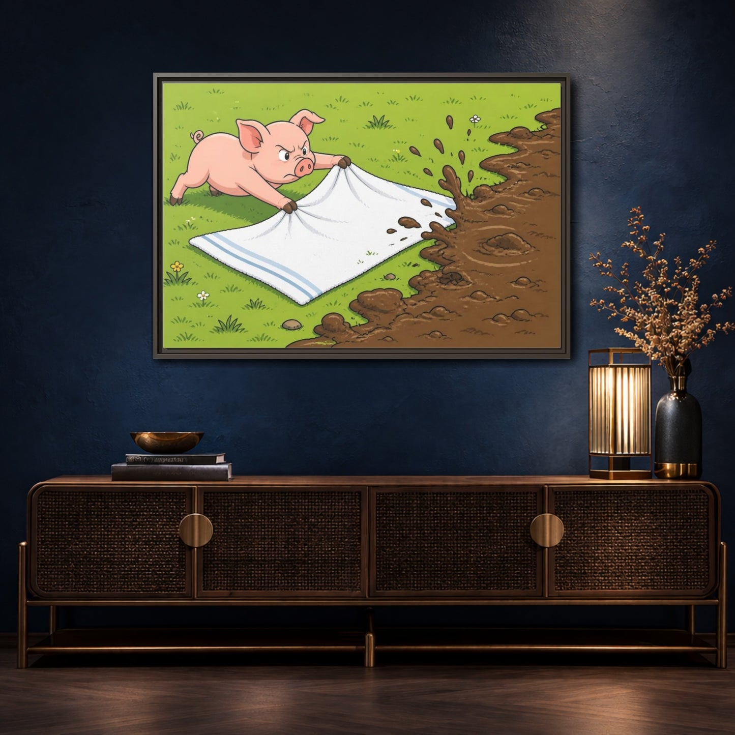 Mockup 4. Funny Piglet Guarding Towel shown as framed canvas print