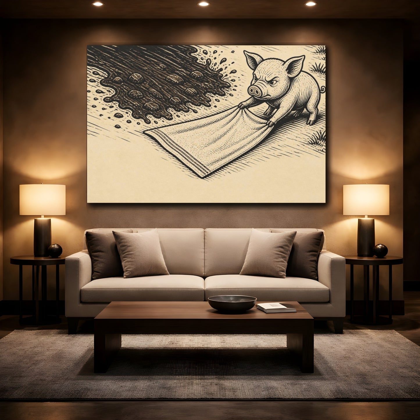 Mockup 2. Funny Piglet Protecting Towel shown as canvas print