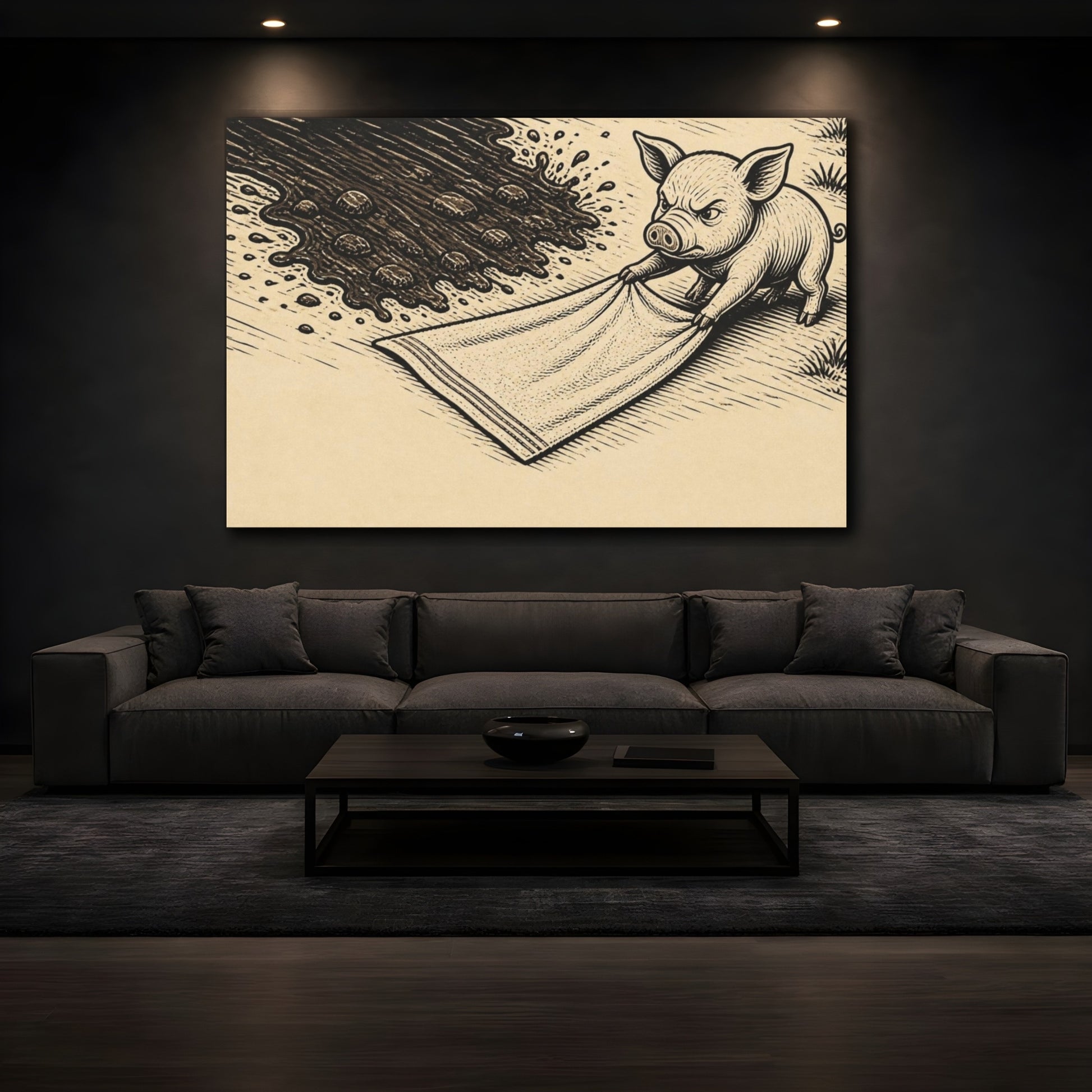 Mockup 3. Funny Piglet Protecting Towel shown as canvas print