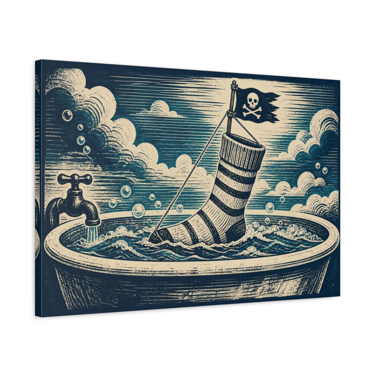 Side Mockup 2. Funny Pirate Sock shown as canvas print