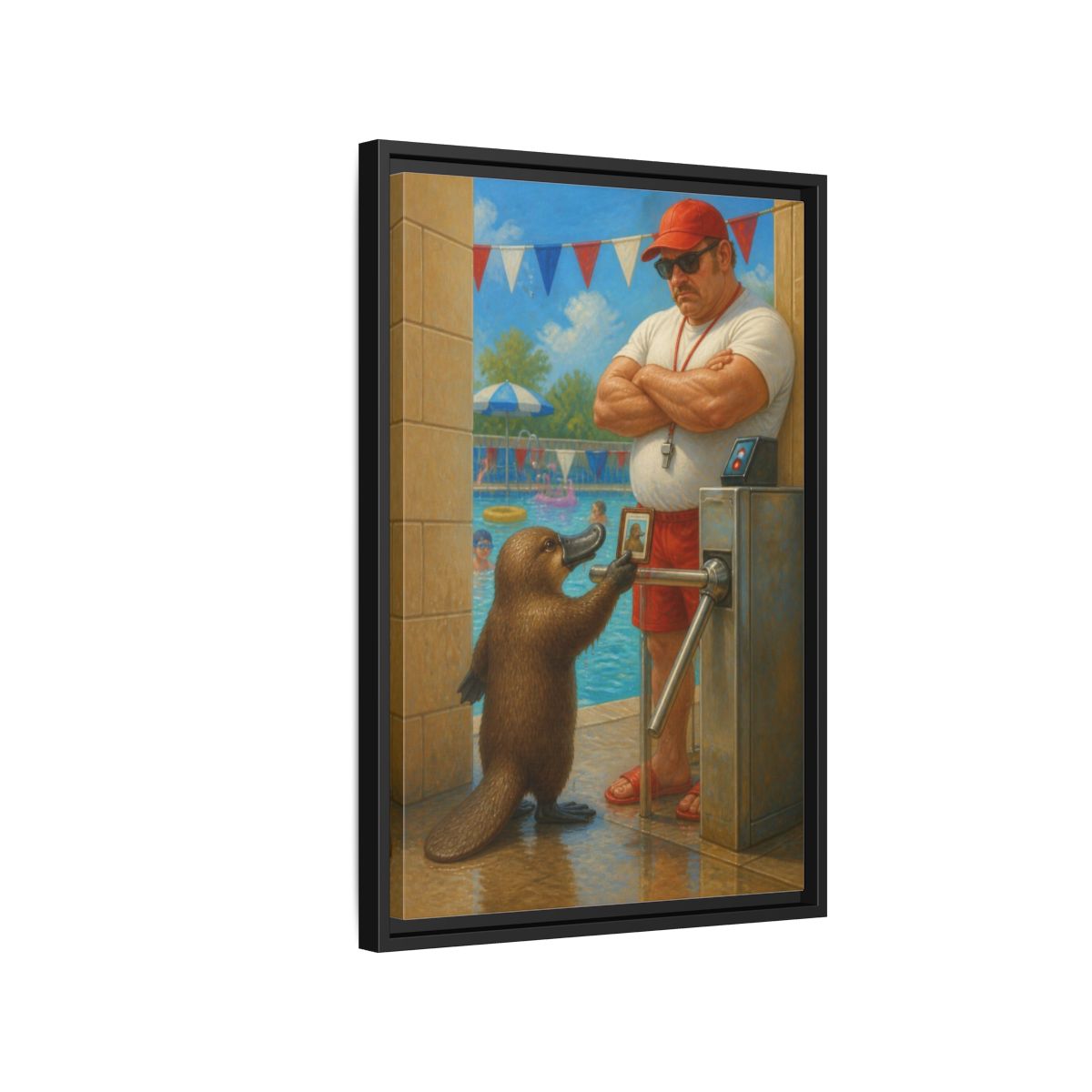Side Mockup 3. Funny Platypus At Pool shown as framed canvas print