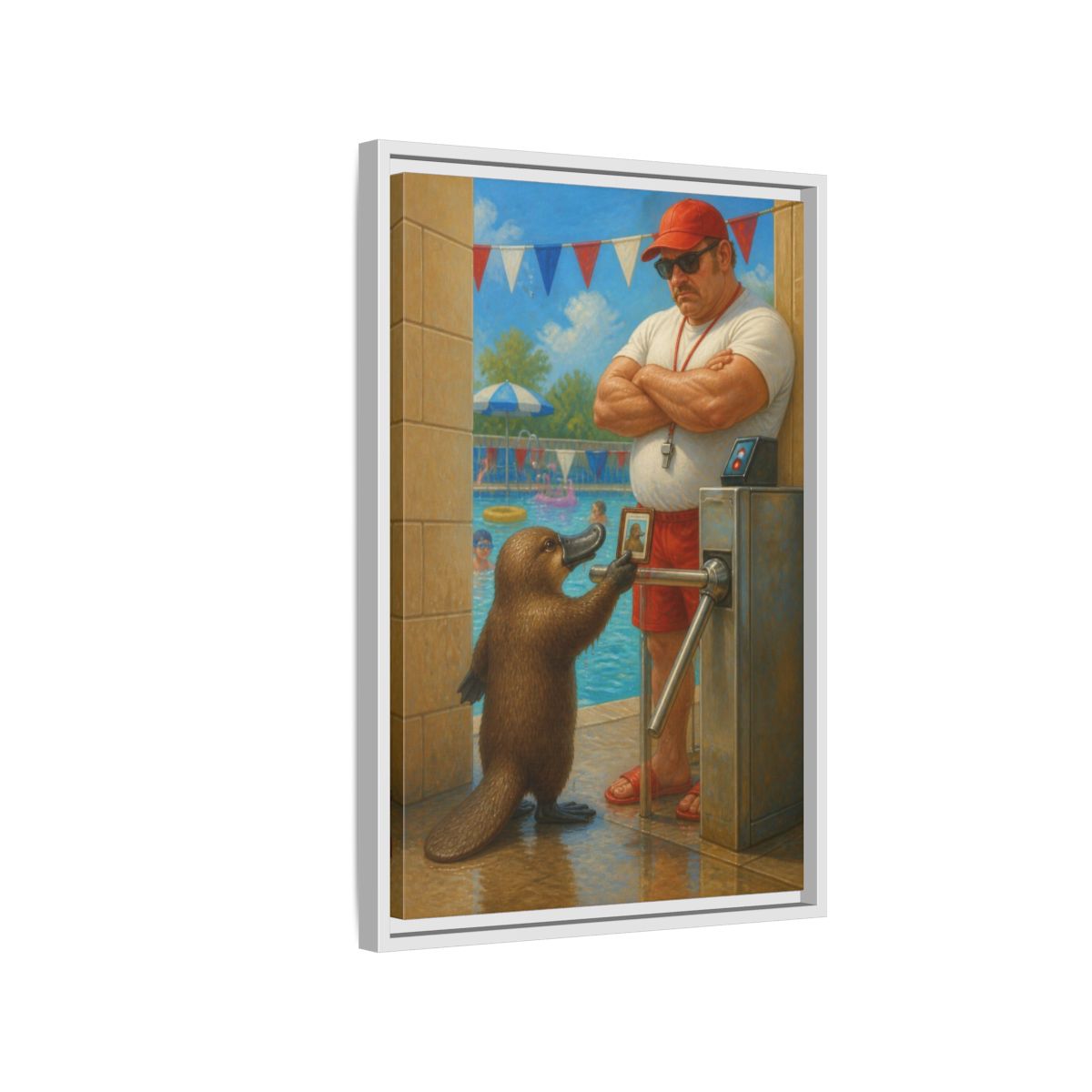 Side Mockup 1. Funny Platypus At Pool shown as framed canvas print