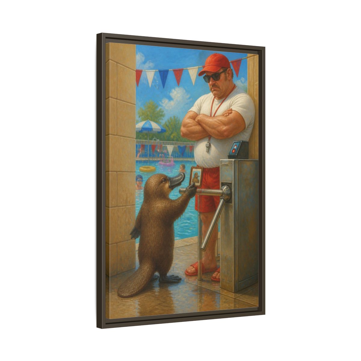 Side Mockup 11. Funny Platypus At Pool shown as framed canvas print