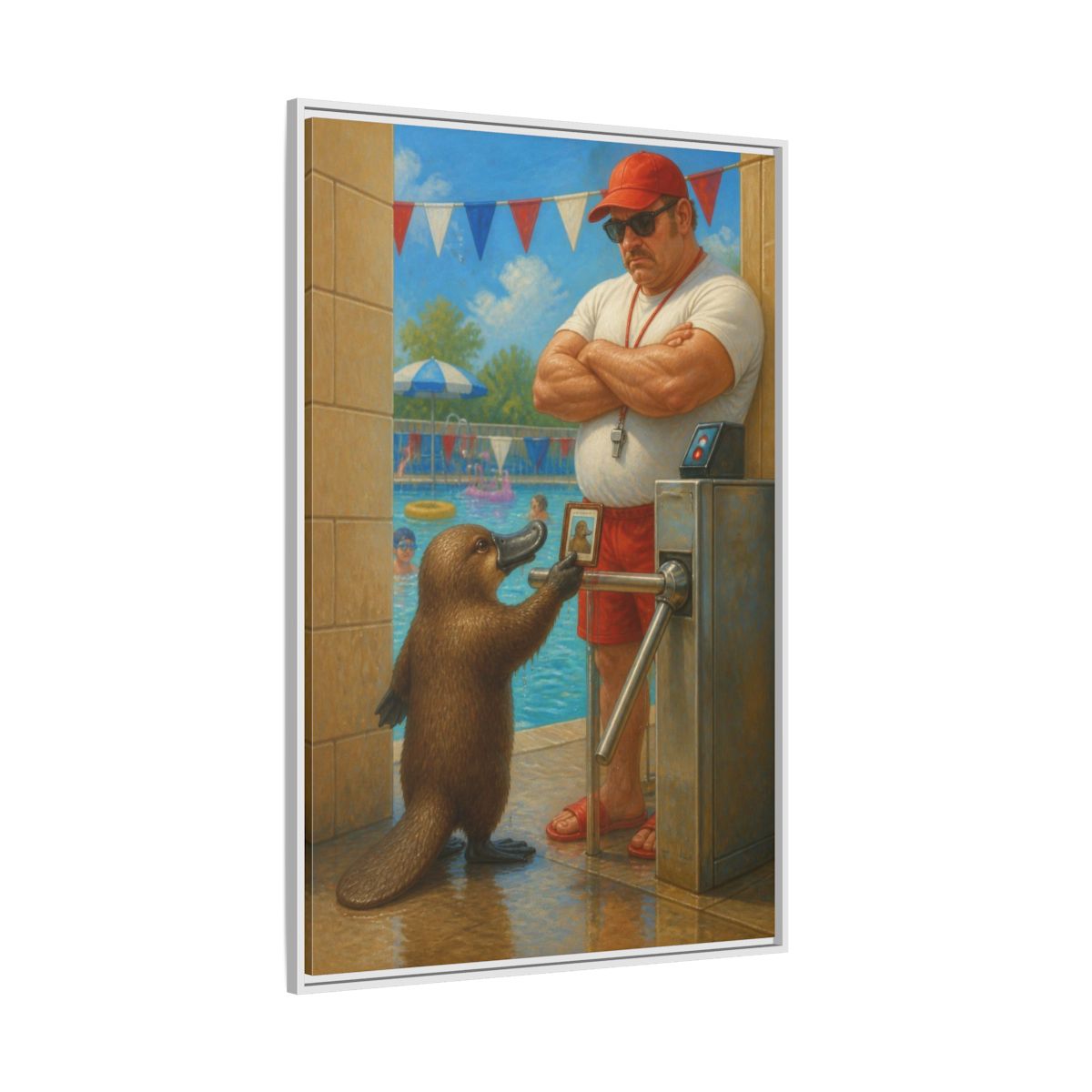 Side Mockup 7. Funny Platypus At Pool shown as framed canvas print