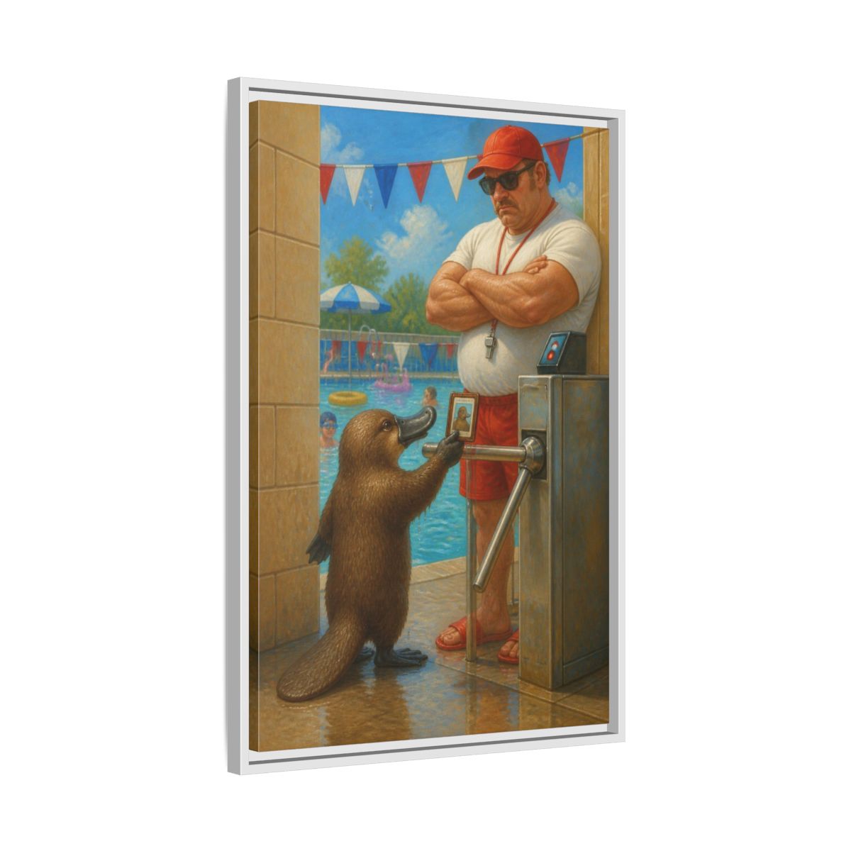 Side Mockup 10. Funny Platypus At Pool shown as framed canvas print