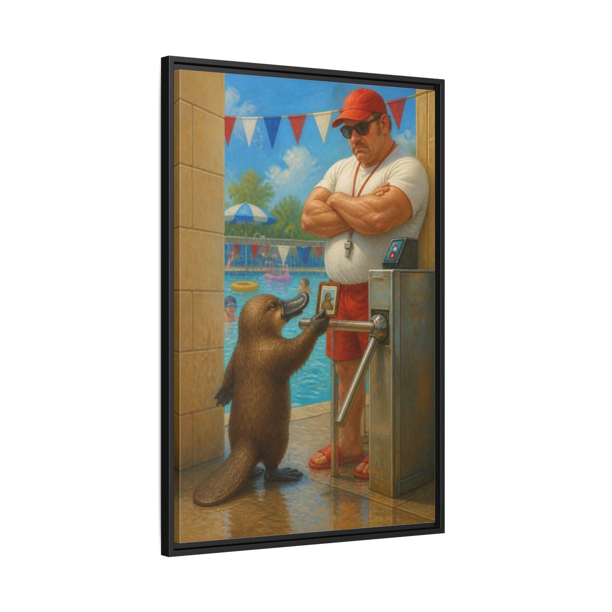 Side Mockup 13. Funny Platypus At Pool shown as framed canvas print