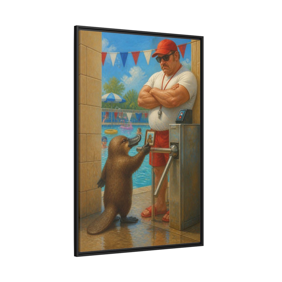 Side Mockup 12. Funny Platypus At Pool shown as framed canvas print