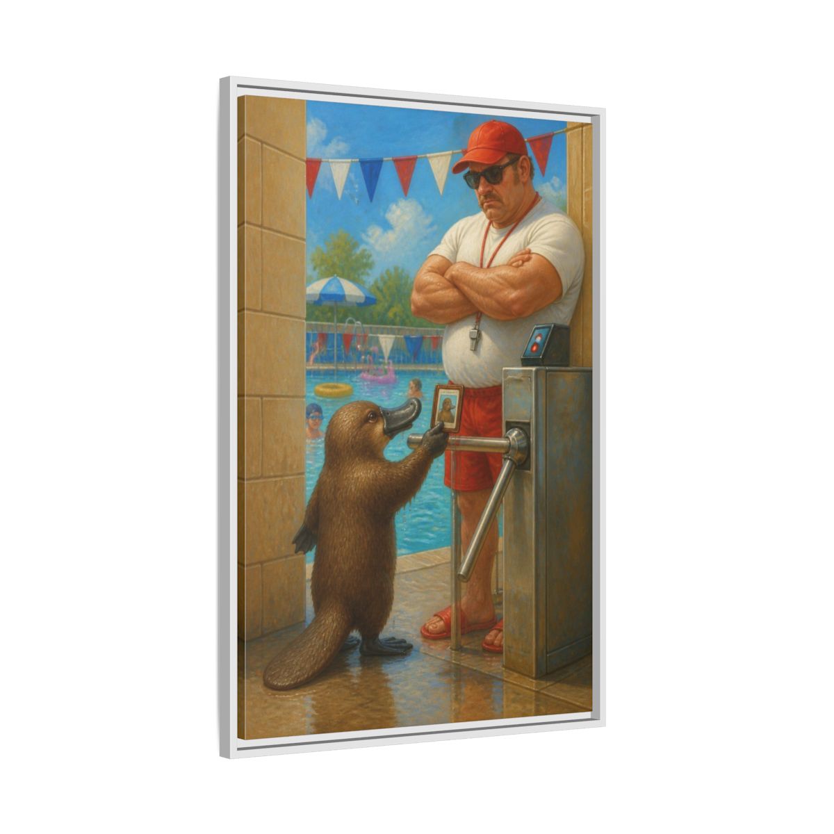 Side Mockup 9. Funny Platypus At Pool shown as framed canvas print