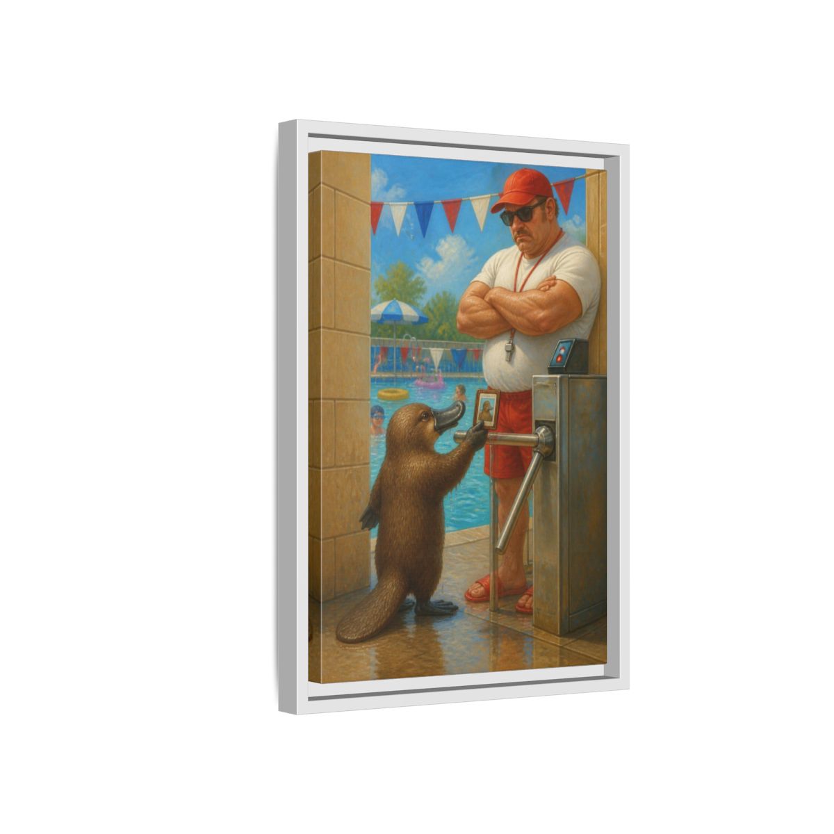 Side Mockup 4. Funny Platypus At Pool shown as framed canvas print