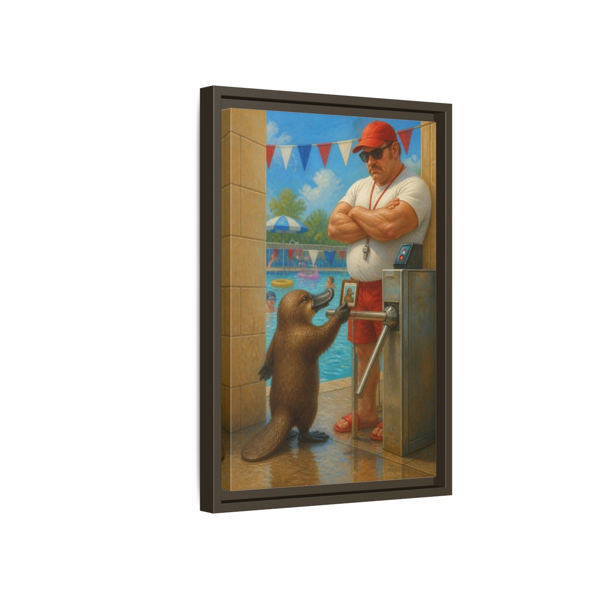 Side Mockup 5. Funny Platypus At Pool shown as framed canvas print
