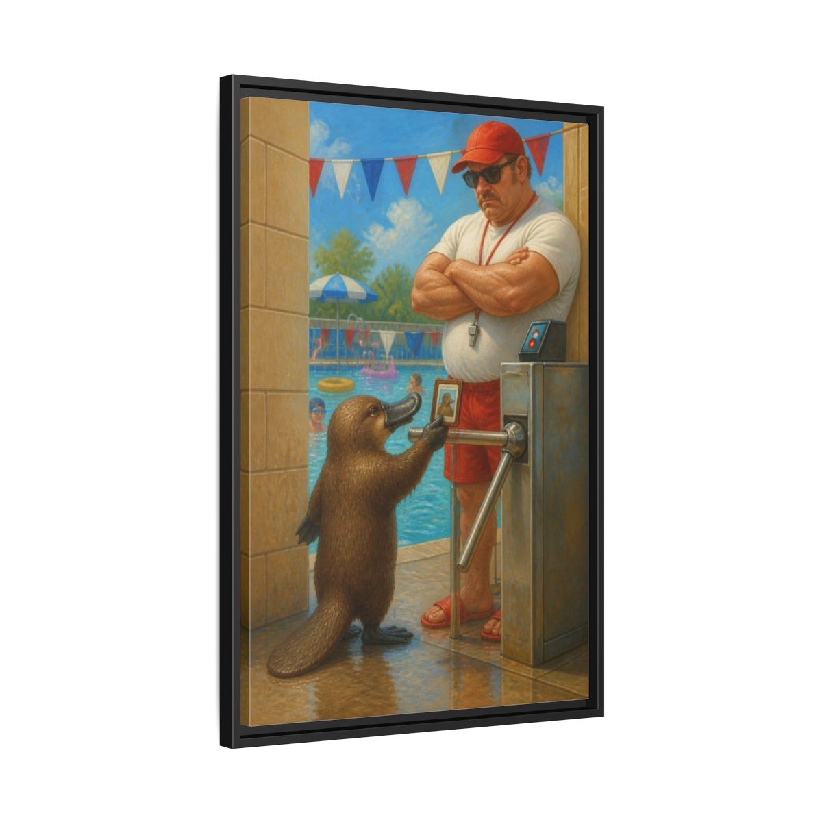 Side Mockup 14. Funny Platypus At Pool shown as framed canvas print