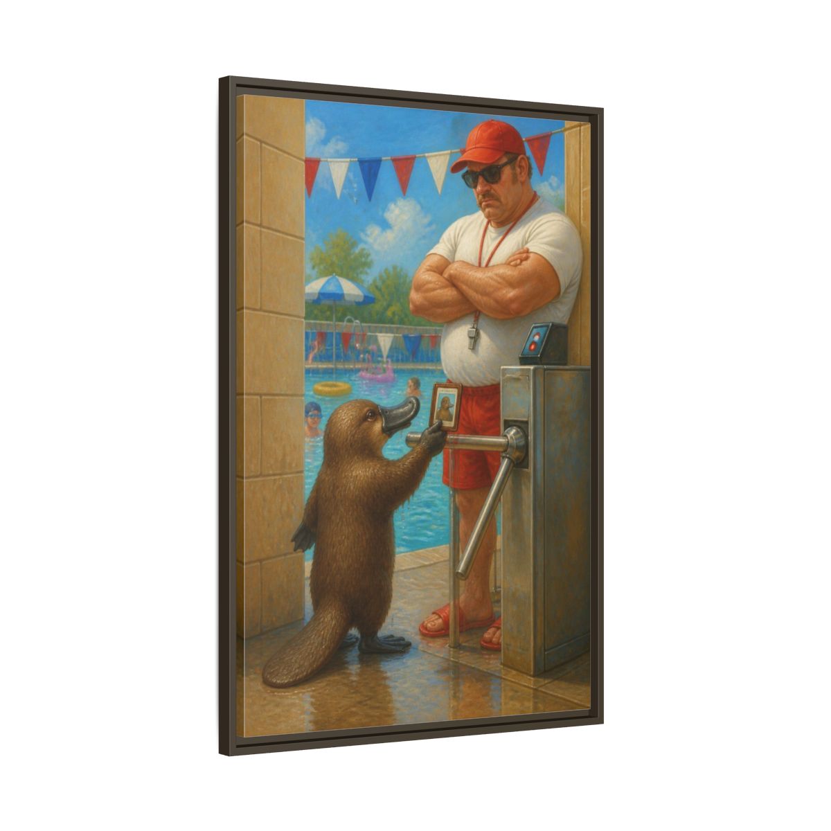Main Mockup. Funny Platypus At Pool shown as framed canvas print