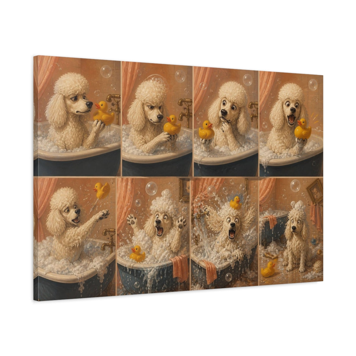 Main Mockup. Funny Poodle Bubble Bath shown as canvas print