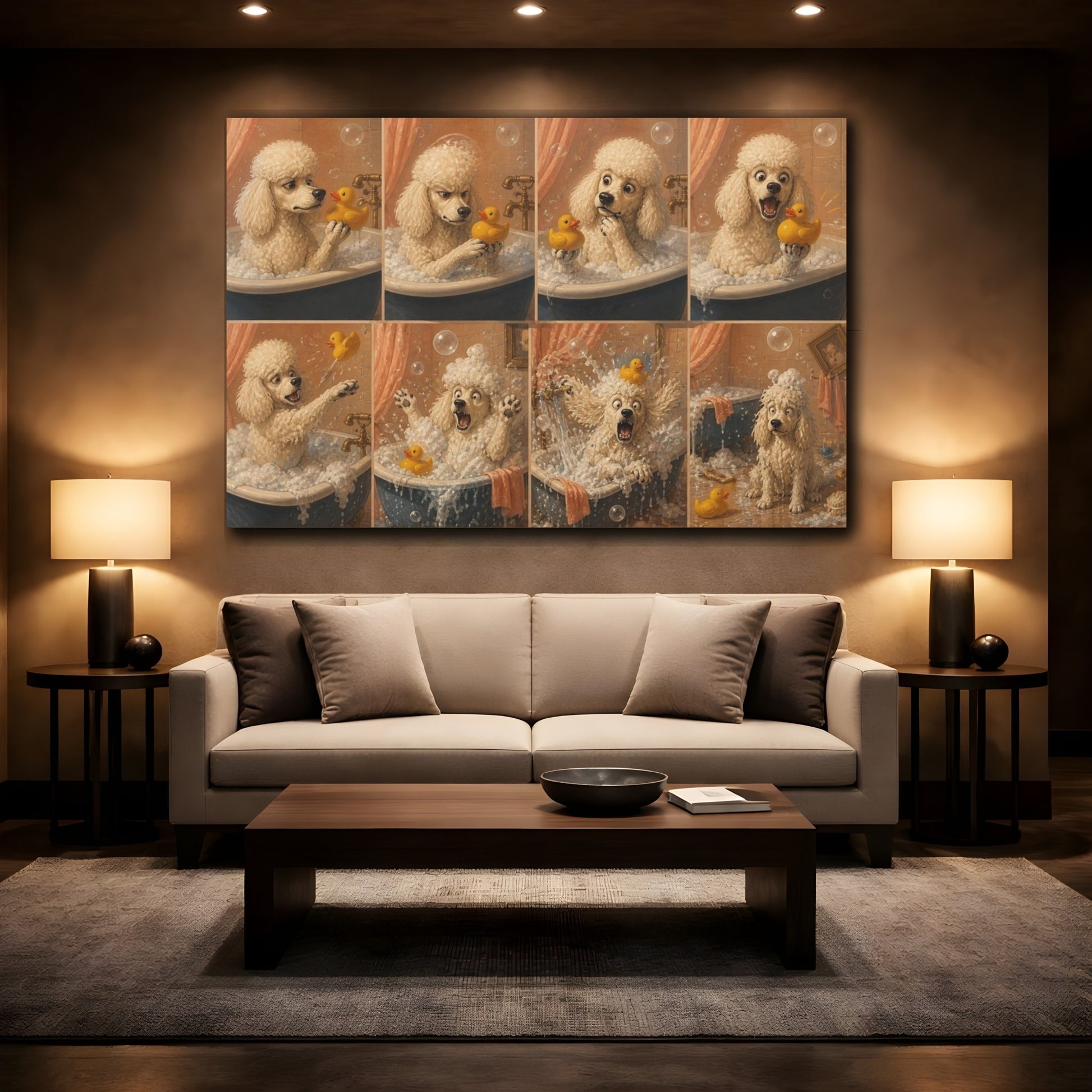 Mockup 2. Funny Poodle Bubble Bath shown as canvas print