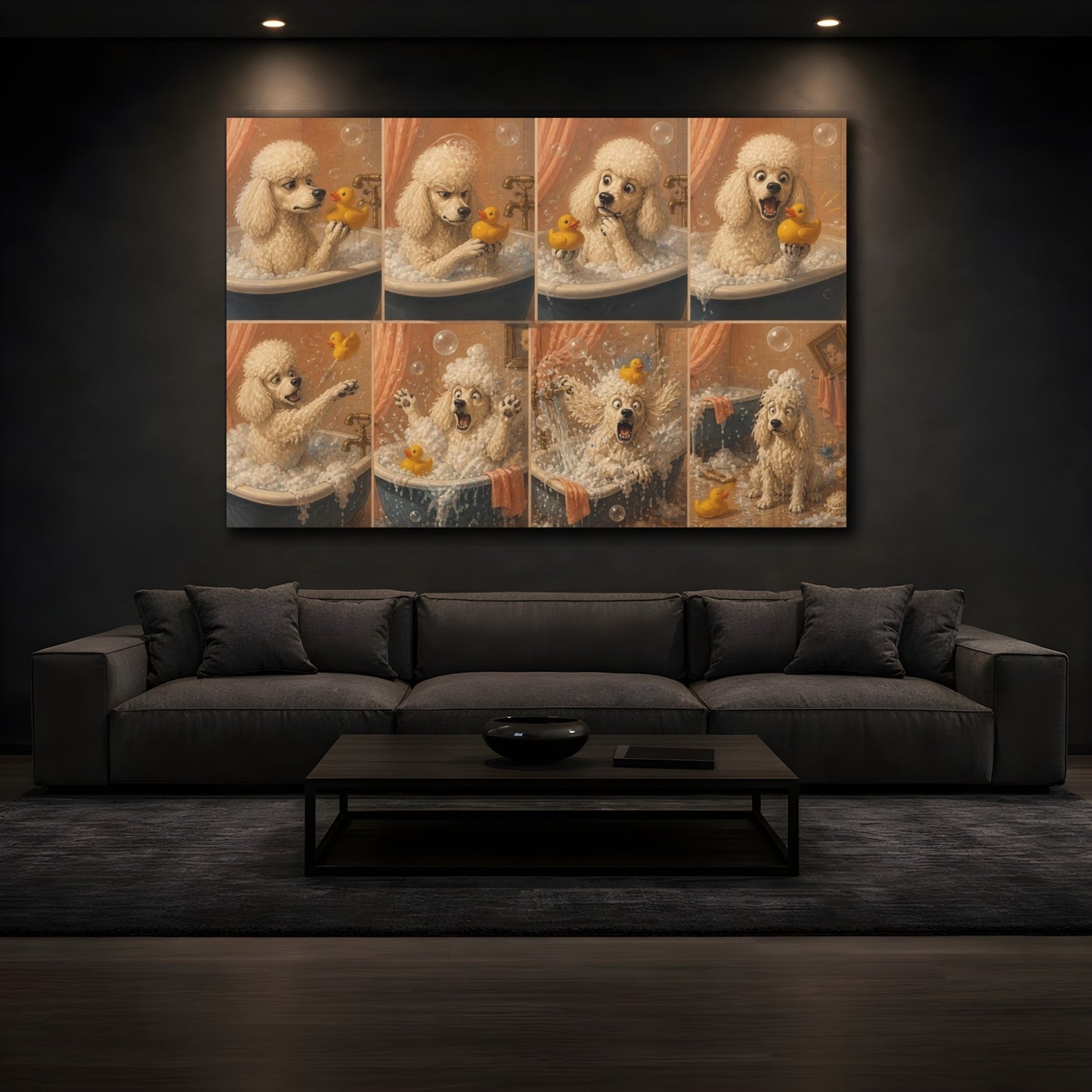 Mockup 3. Funny Poodle Bubble Bath shown as canvas print