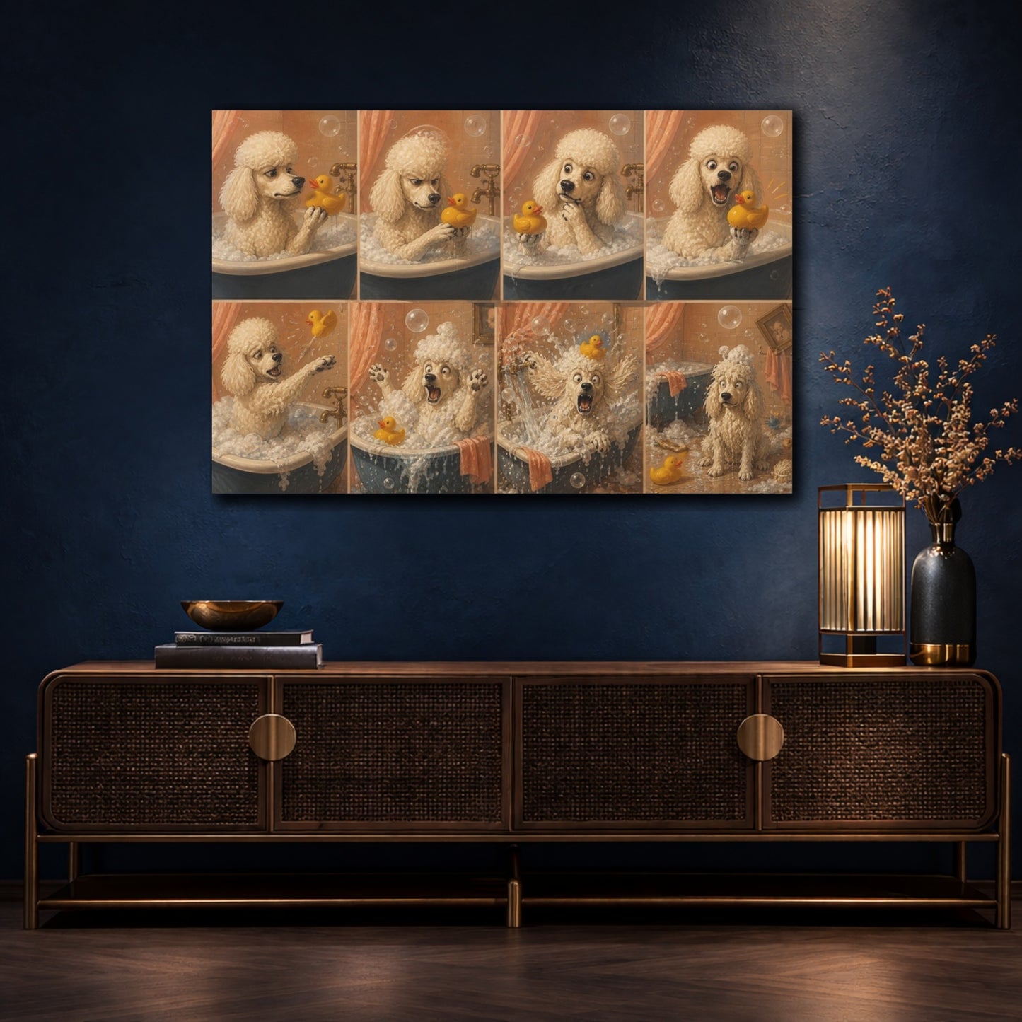 Mockup 4. Funny Poodle Bubble Bath shown as canvas print