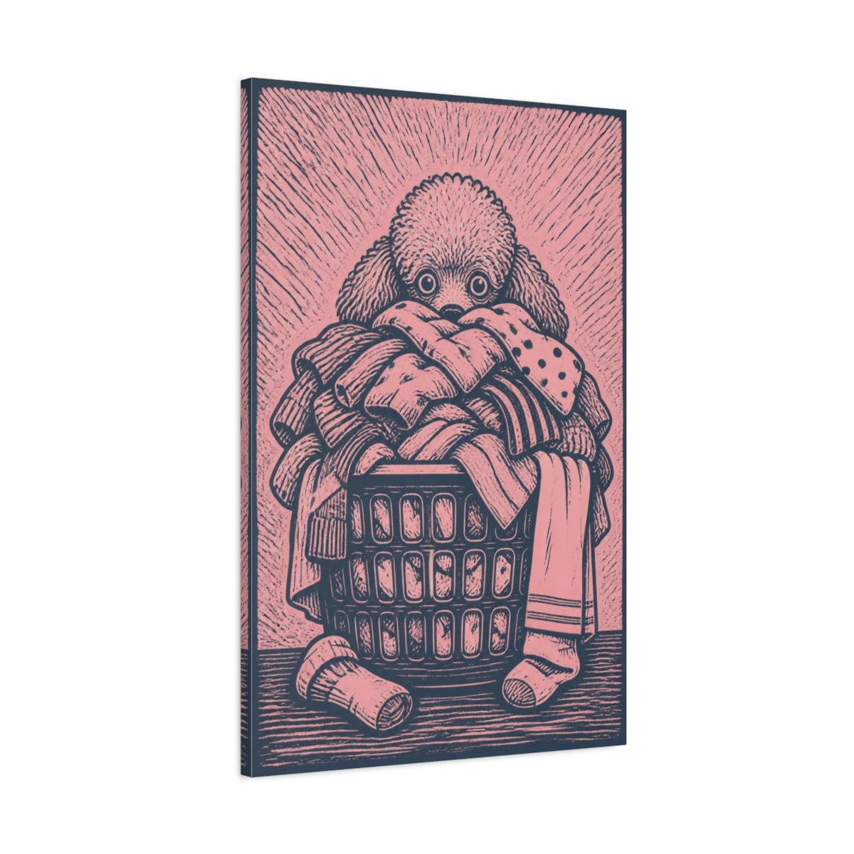Main Mockup. Funny Poodle In Laundry Basket shown as canvas print
