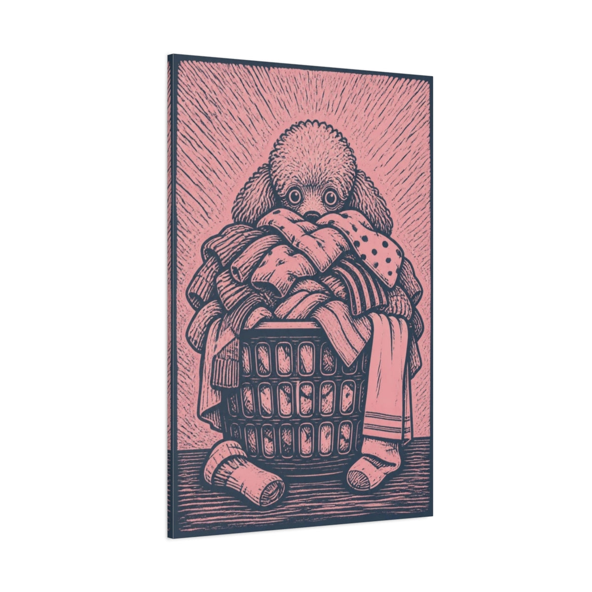 Side Mockup 1. Funny Poodle In Laundry Basket shown as canvas print