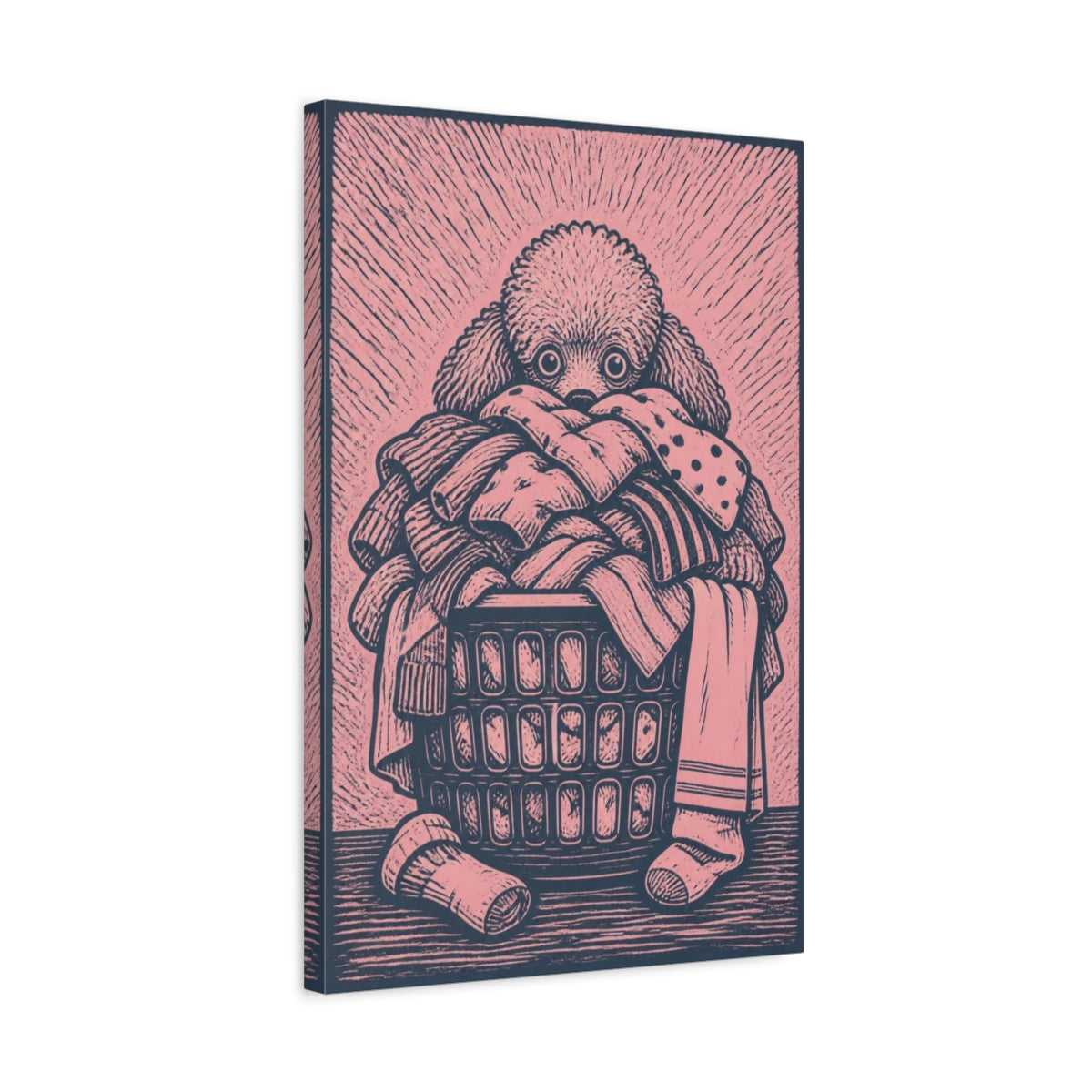 Side Mockup 3. Funny Poodle In Laundry Basket shown as canvas print