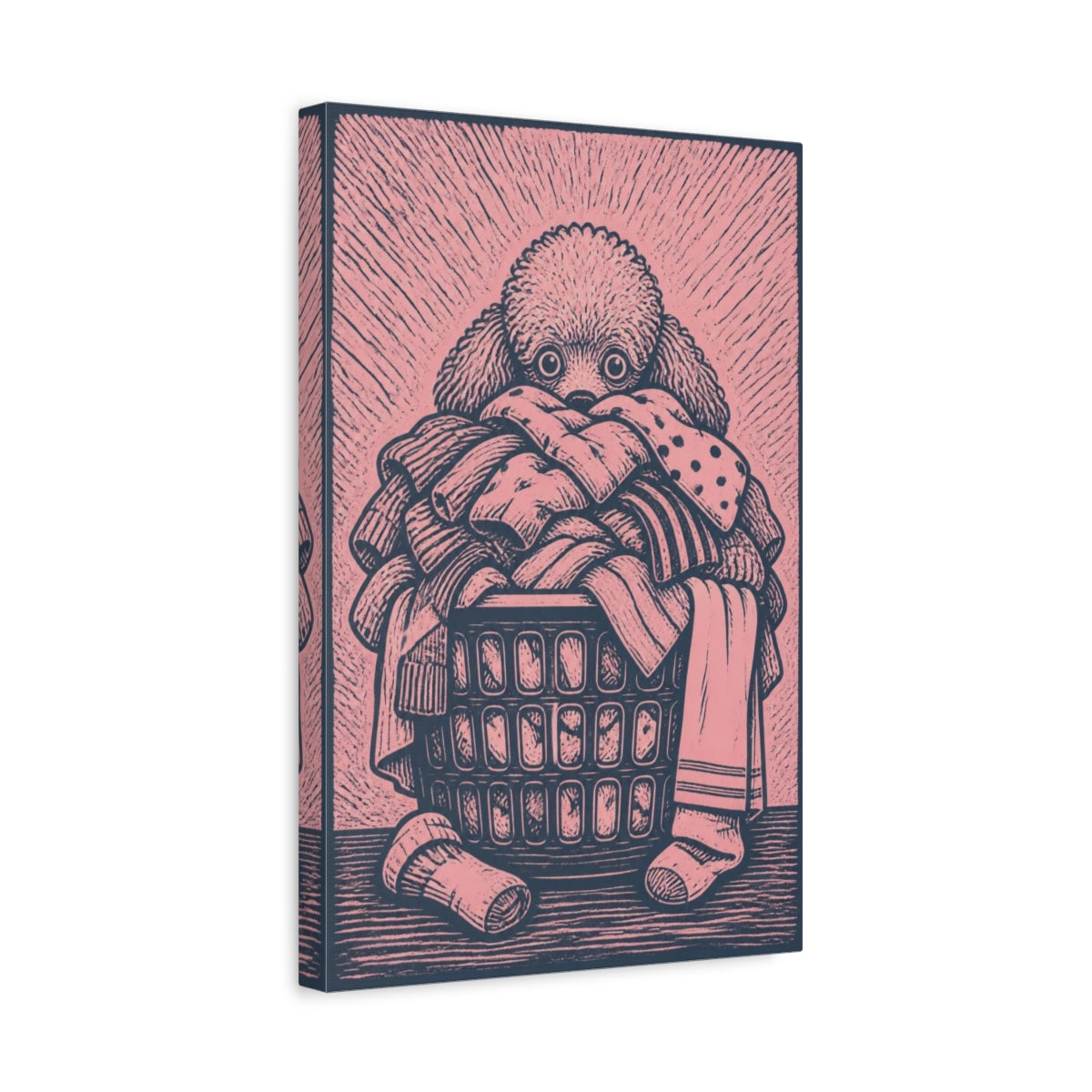 Side Mockup 4. Funny Poodle In Laundry Basket shown as canvas print