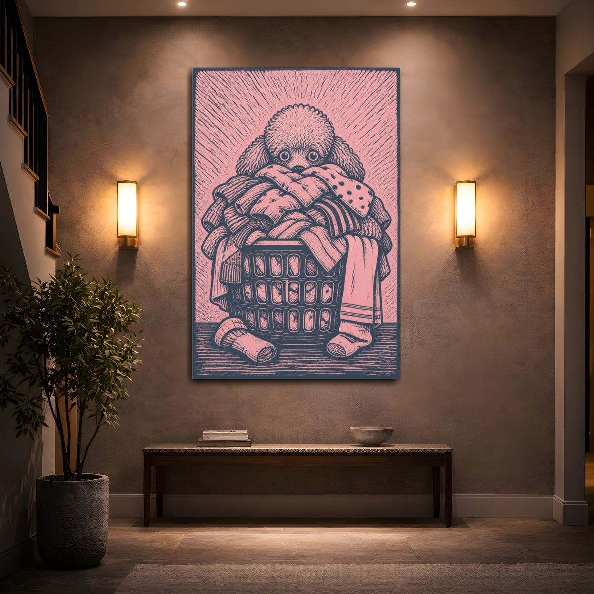 Mockup 2. Funny Poodle In Laundry Basket shown as canvas print