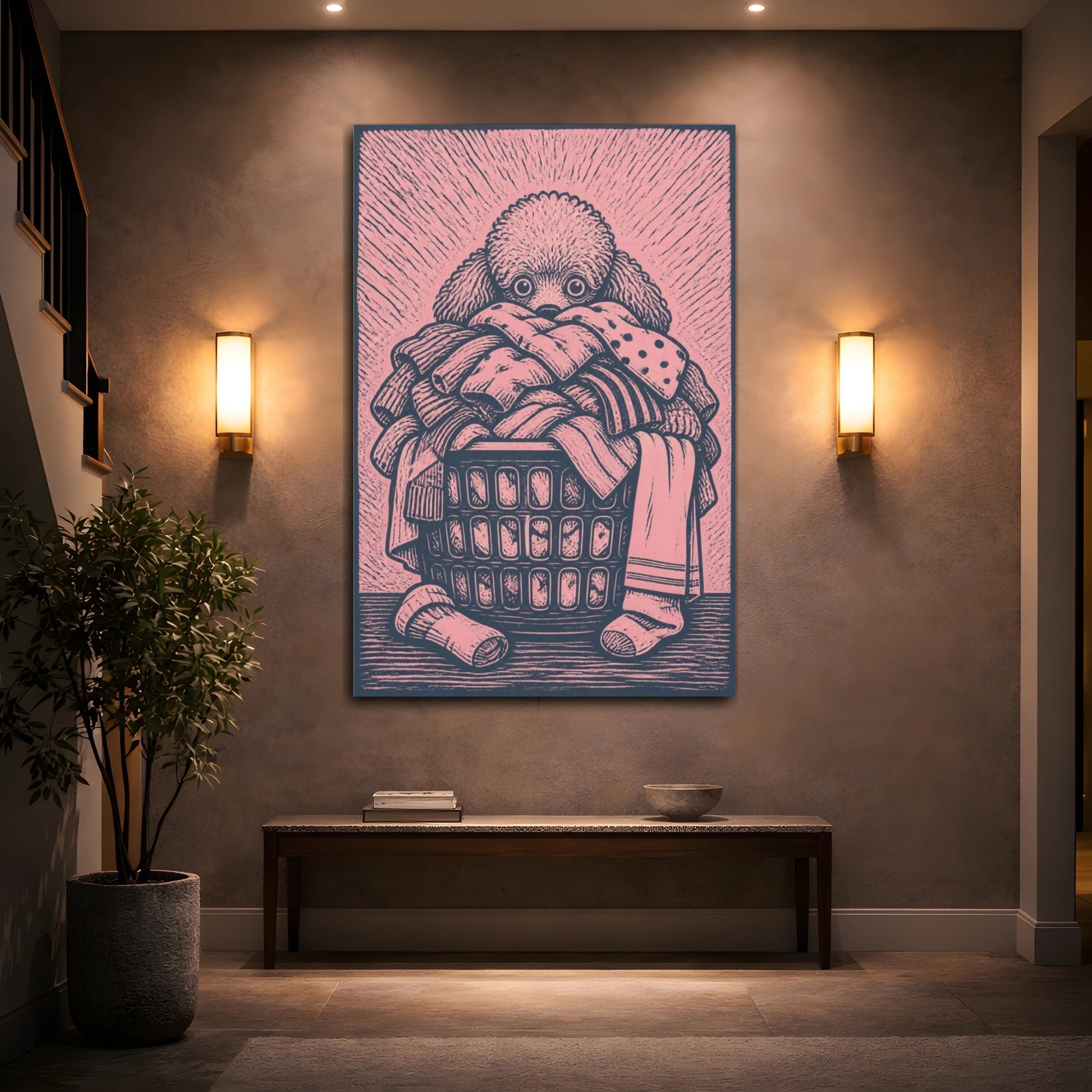 Mockup 2. Funny Poodle In Laundry Basket shown as canvas print