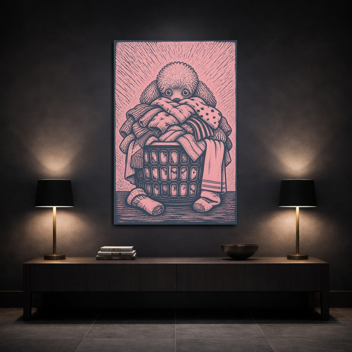 Mockup 3. Funny Poodle In Laundry Basket shown as canvas print
