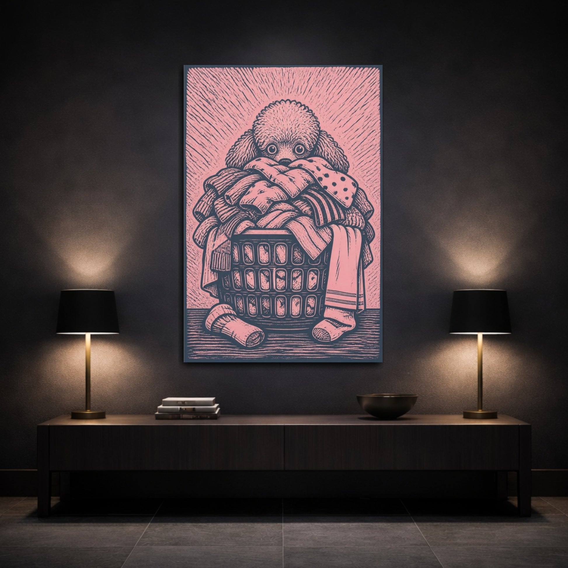 Mockup 3. Funny Poodle In Laundry Basket shown as canvas print