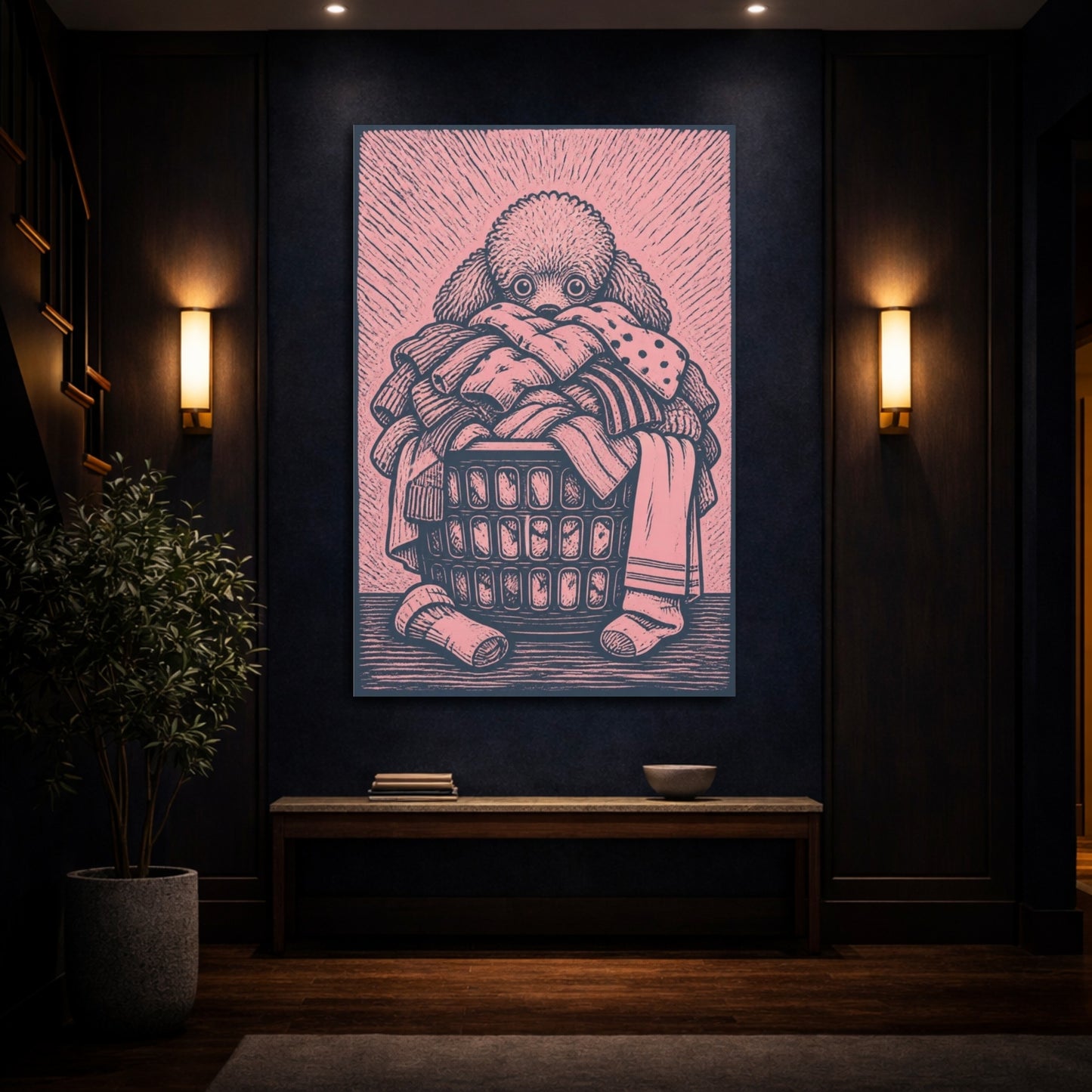 Mockup 4. Funny Poodle In Laundry Basket shown as canvas print