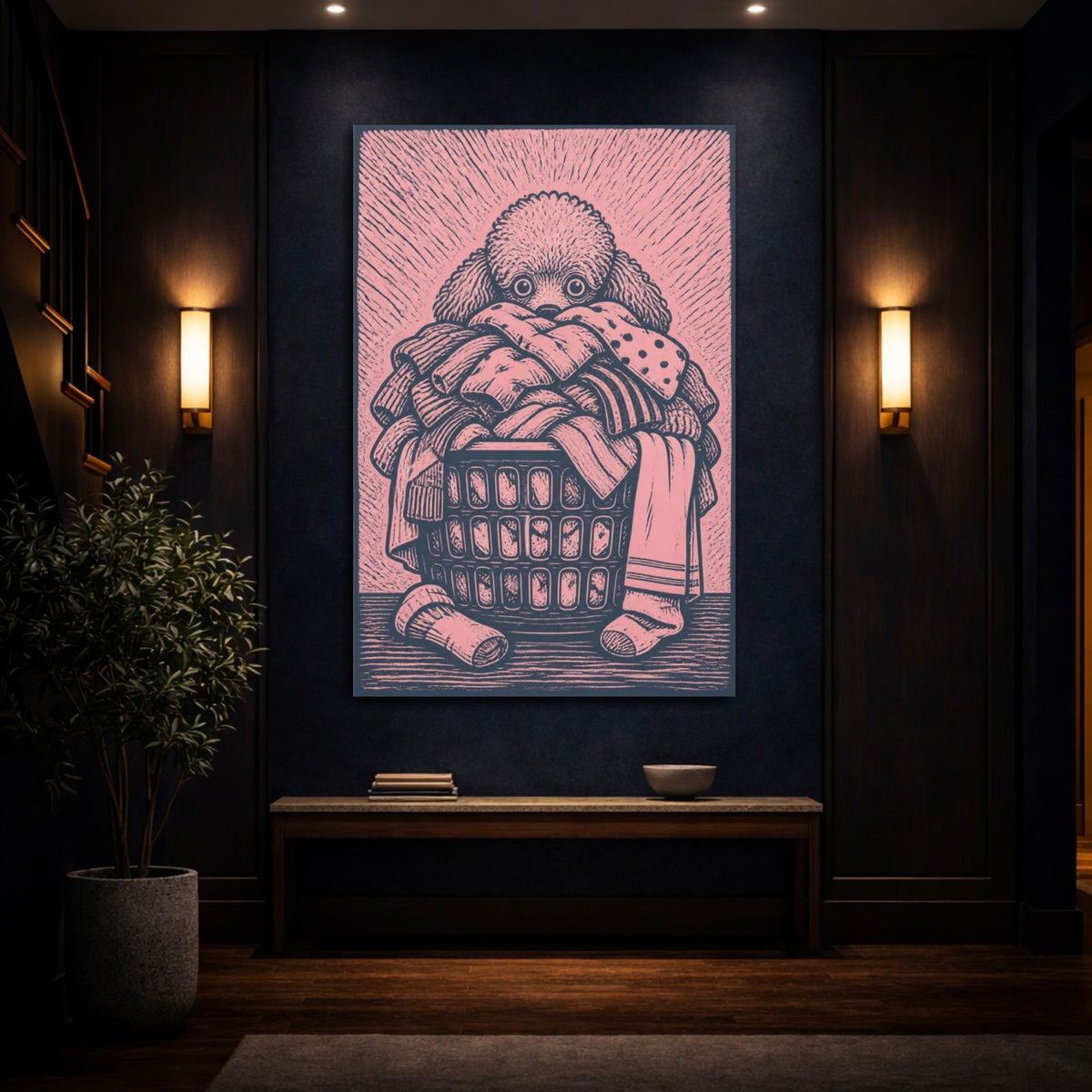 Mockup 4. Funny Poodle In Laundry Basket shown as canvas print