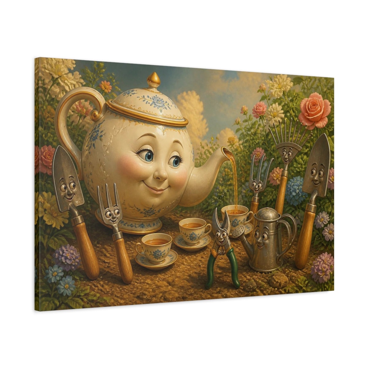 Main Mockup. Funny Porcelain Teapot Tea Party shown as canvas print