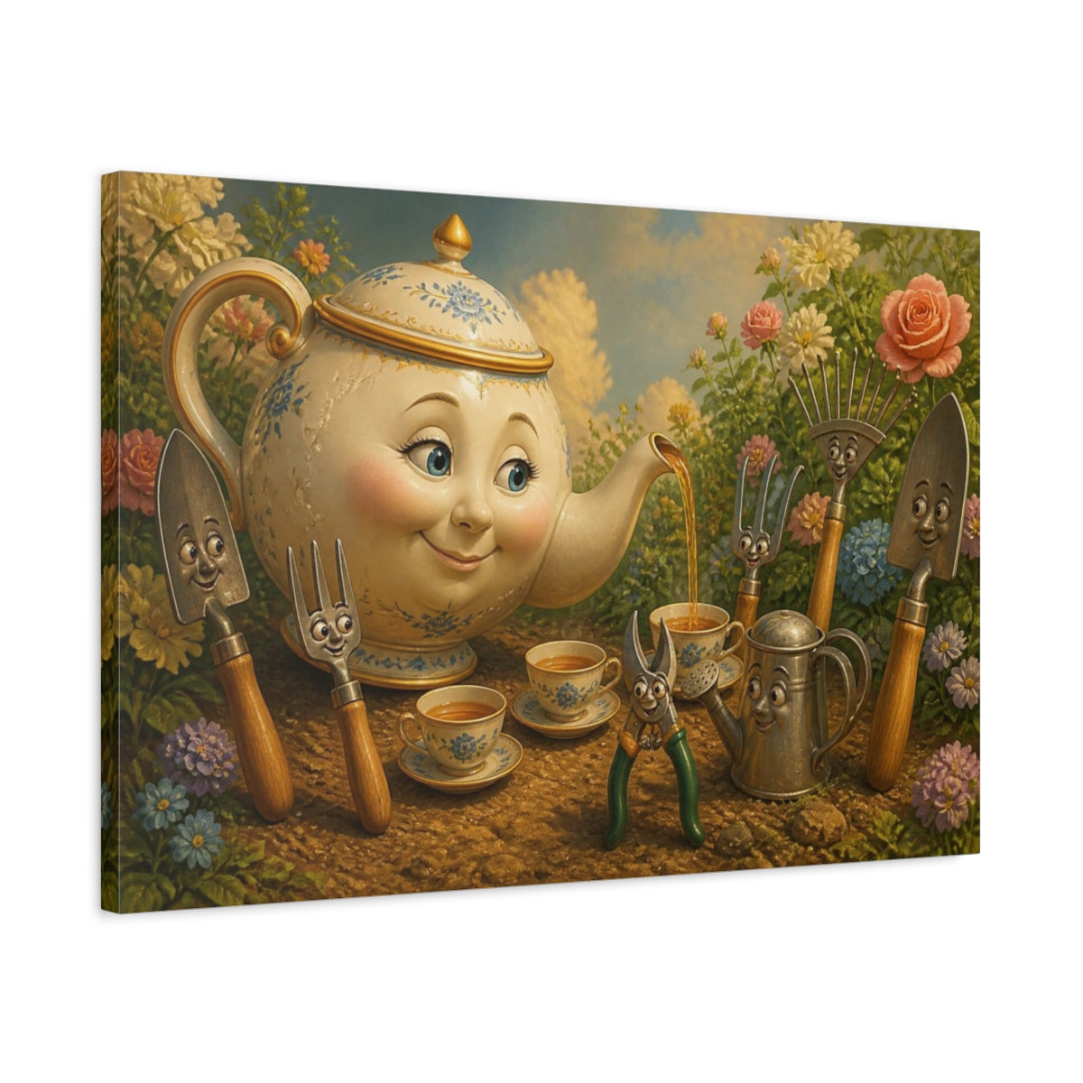 Side Mockup 2. Funny Porcelain Teapot Tea Party shown as canvas print